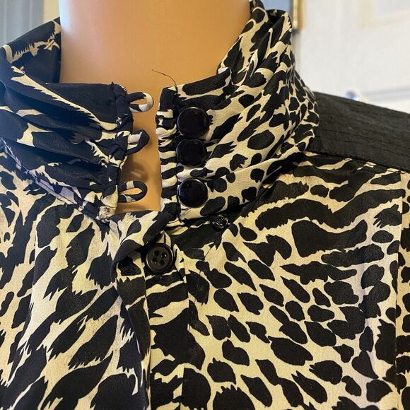 VTG 80s JORDAN WOMAN BUTTON UP SHIRT SIZE 9/10 BLACK WITH LEOPARD PRINT SILKY - Picture 6 of 11